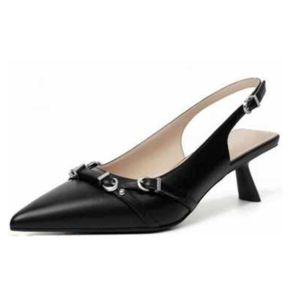 Womens Formal Black Slingback Pointed Toe Kitten Heels Buckle Detail Size 7.5" - Picture 1 of 10